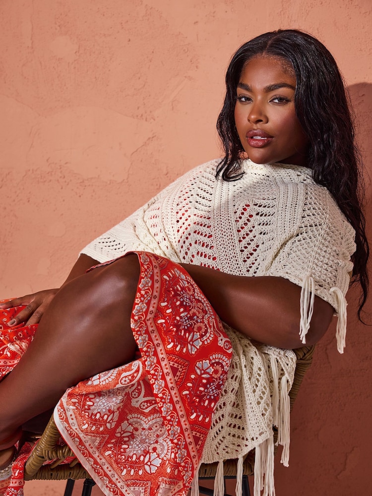 Yours Curve Cream Pointelle Knitted Poncho - Image 1 of 5