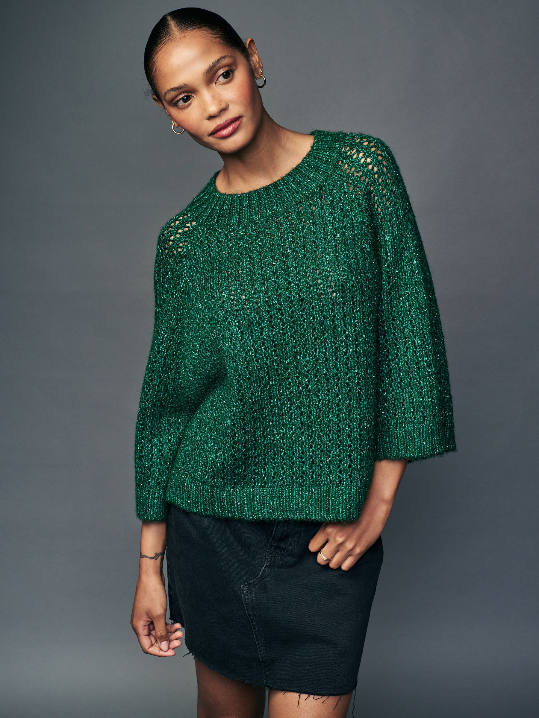 Buy Green Emerald Sparkle Sequin Mesh Knitted Half Sleeve Jumper from Next Oman
