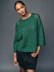 Green Emerald Sparkle Sequin Mesh Knitted Half Sleeve Jumper - Image 1 of 7