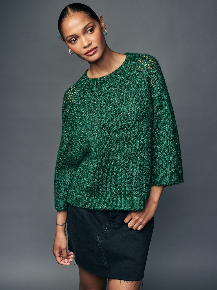 Green Emerald Sparkle Sequin Mesh Knitted Half Sleeve Jumper - Image 1 of 7