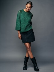 Green Emerald Sparkle Sequin Mesh Knitted Half Sleeve Jumper - Image 2 of 7