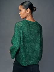 Green Emerald Sparkle Sequin Mesh Knitted Half Sleeve Jumper - Image 3 of 7