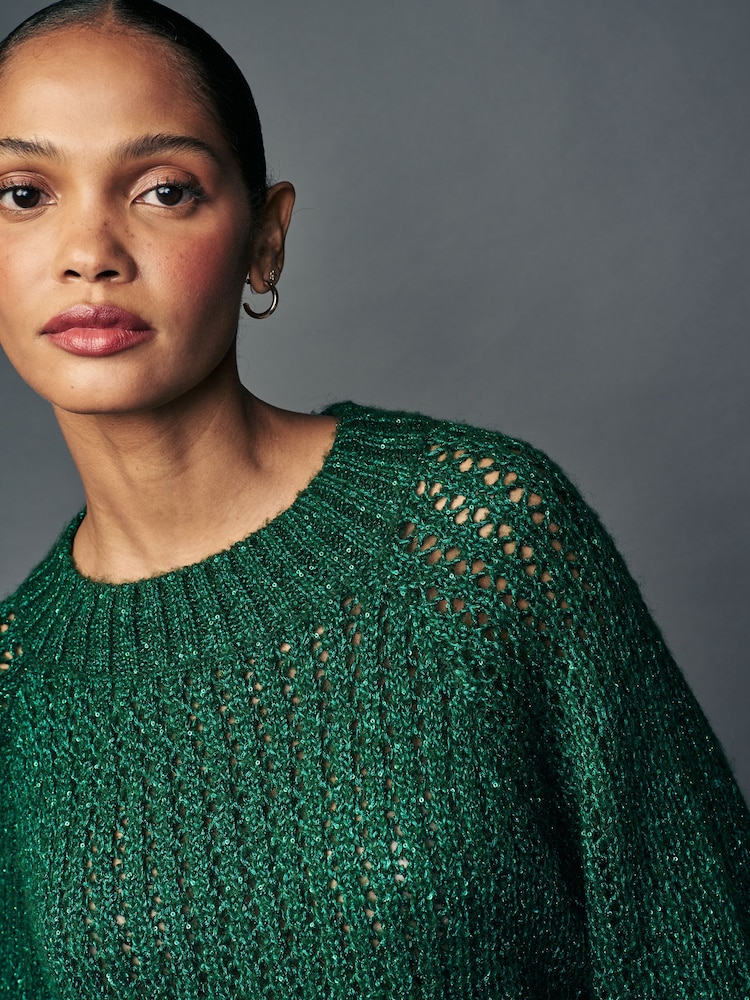 Acheter Vert émeraude scintillant Sequin Pull à demi-manches en