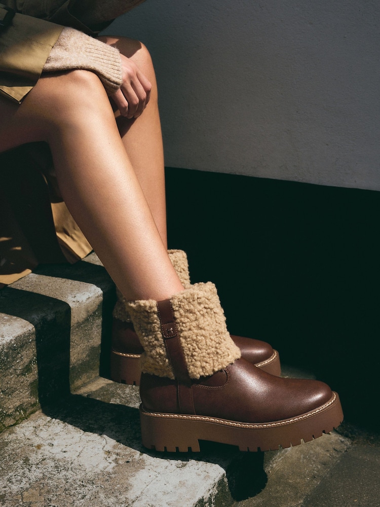 Tan Brown Standard/Wide Fit Forever Comfort® Borg Chunky Ankle Boots - Image 2 of 10