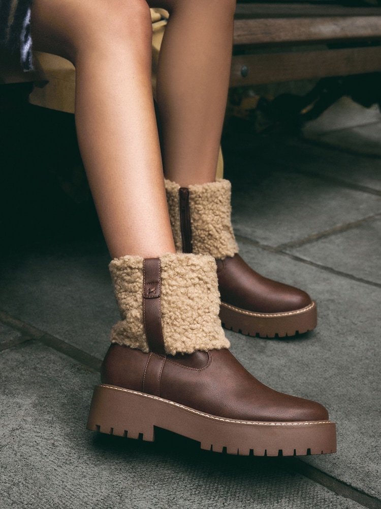 Tan Brown Standard/Wide Fit Forever Comfort® Borg Chunky Ankle Boots - Image 4 of 10