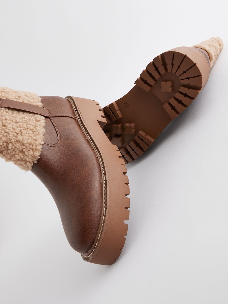 Tan Brown Standard/Wide Fit Forever Comfort® Borg Chunky Ankle Boots - Image 8 of 10