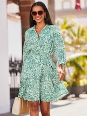Sosandar Green Baroque Print Crinkle Shirt Dress - Image 1 of 5