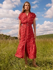 Love & Roses Red Foil Ruched Shoulder Belted Midi Dress - Image 1 of 4