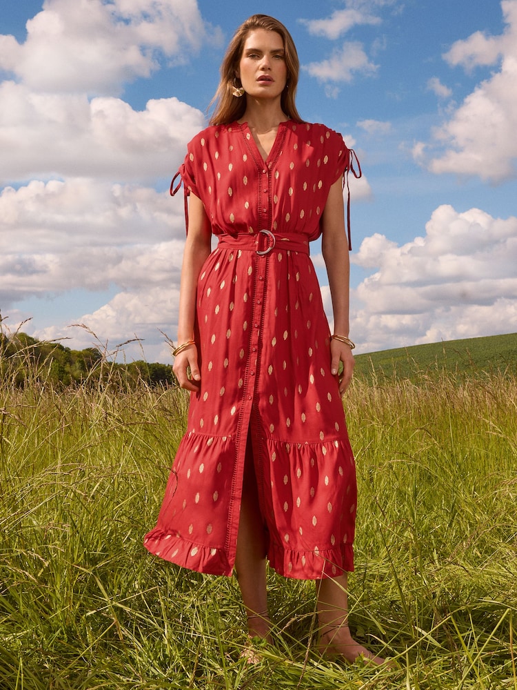Love & Roses Red Foil Ruched Shoulder Belted Midi Dress - Image 1 of 4