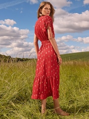 Love & Roses Red Foil Ruched Shoulder Belted Midi Dress - Image 3 of 4
