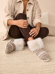 Neutral Knitted Faux Fur Fairisle Pattern Boot Slippers - Image 1 of 7