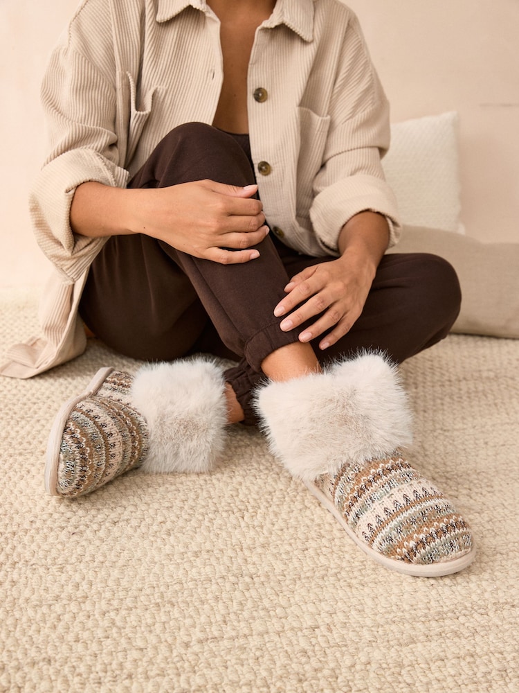Neutral Knitted Faux Fur Fairisle Pattern Boot Slippers - Image 1 of 7