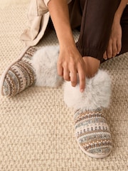 Neutral Knitted Faux Fur Fairisle Pattern Boot Slippers - Image 2 of 7