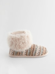 Neutral Knitted Faux Fur Fairisle Pattern Boot Slippers - Image 3 of 7
