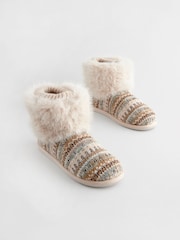 Neutral Knitted Faux Fur Fairisle Pattern Boot Slippers - Image 4 of 7