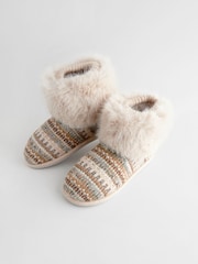 Neutral Knitted Faux Fur Fairisle Pattern Boot Slippers - Image 5 of 7