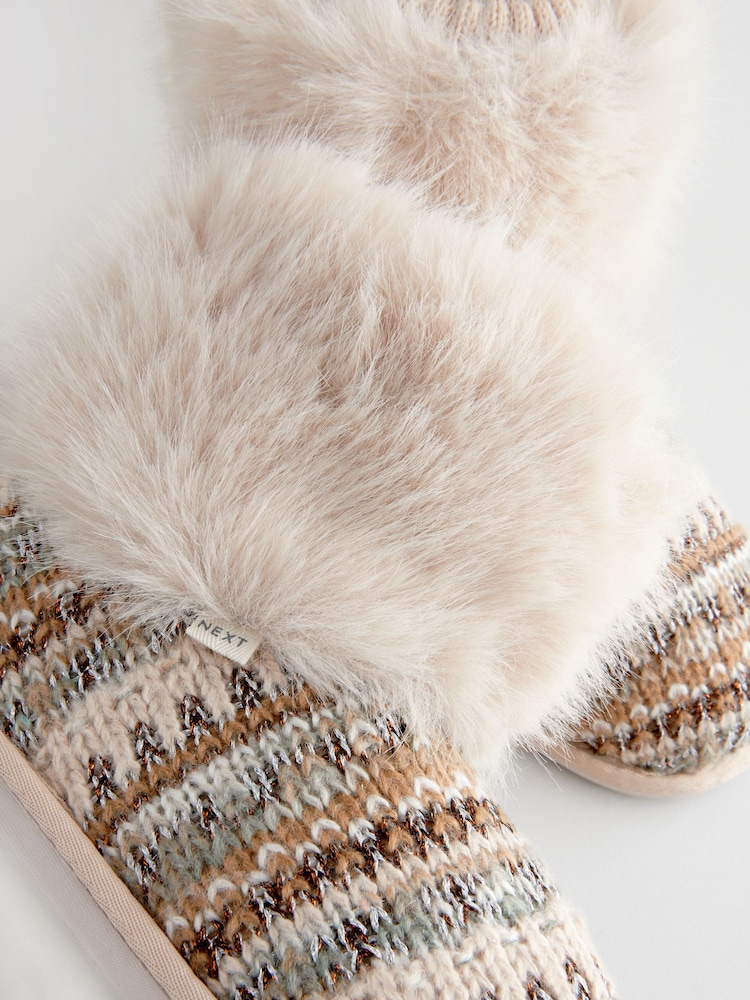 Neutral Knitted Faux Fur Fairisle Pattern Boot Slippers - Image 7 of 7