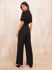 Friends Like These Black Wrap Collar Belted Jumpsuit - Image 3 of 4