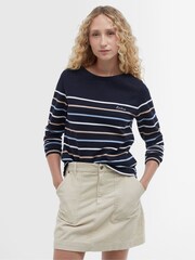 Barbour® Navy Hawkins Striped Long Sleeved Logo 100% Cotton T-Shirt - Image 1 of 7