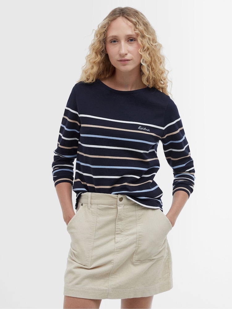 Barbour® Navy Hawkins Striped Long Sleeved Logo 100% Cotton T-Shirt - Image 1 of 7 Barbour® Navy Hawkins Striped Long Sleeved Logo 100% Cotton T-Shirt - Image 1 of 7