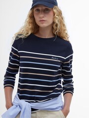 Barbour® Navy Hawkins Striped Long Sleeved Logo 100% Cotton T-Shirt - Image 4 of 7