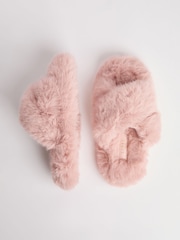 Lipsy Pink Faux Fur Cross Strap Nightwear Slippers - Image 1 of 4