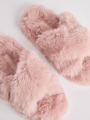 Lipsy Pink Faux Fur Cross Strap Nightwear Slippers - Image 2 of 4