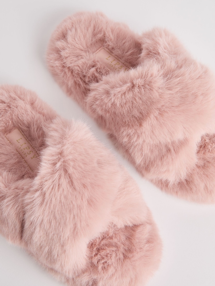 Lipsy Pink Faux Fur Cross Strap Nightwear Slippers - Image 2 of 4