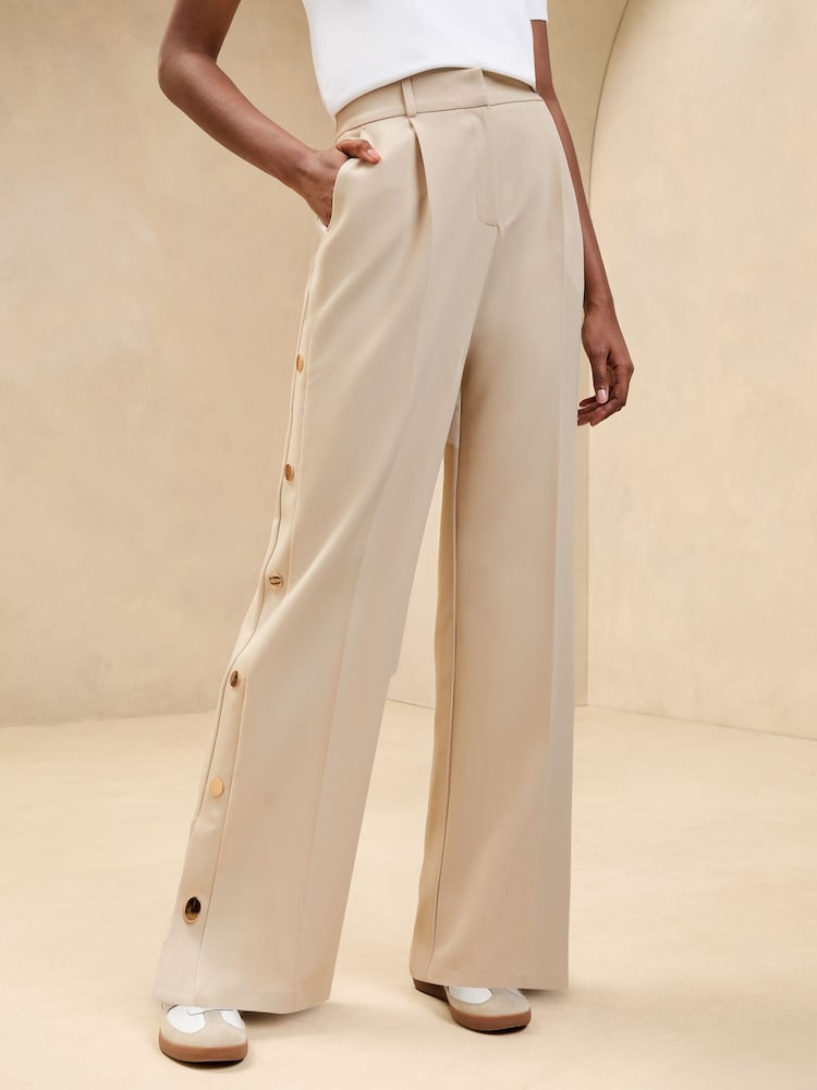 Lipsy Cream Wide Leg Popper Detail Trousers - Image 1 of 4