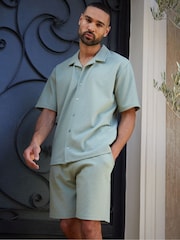 Threadbare Green Textured Revere Collar Short Sleeve Shirt - Image 1 of 4