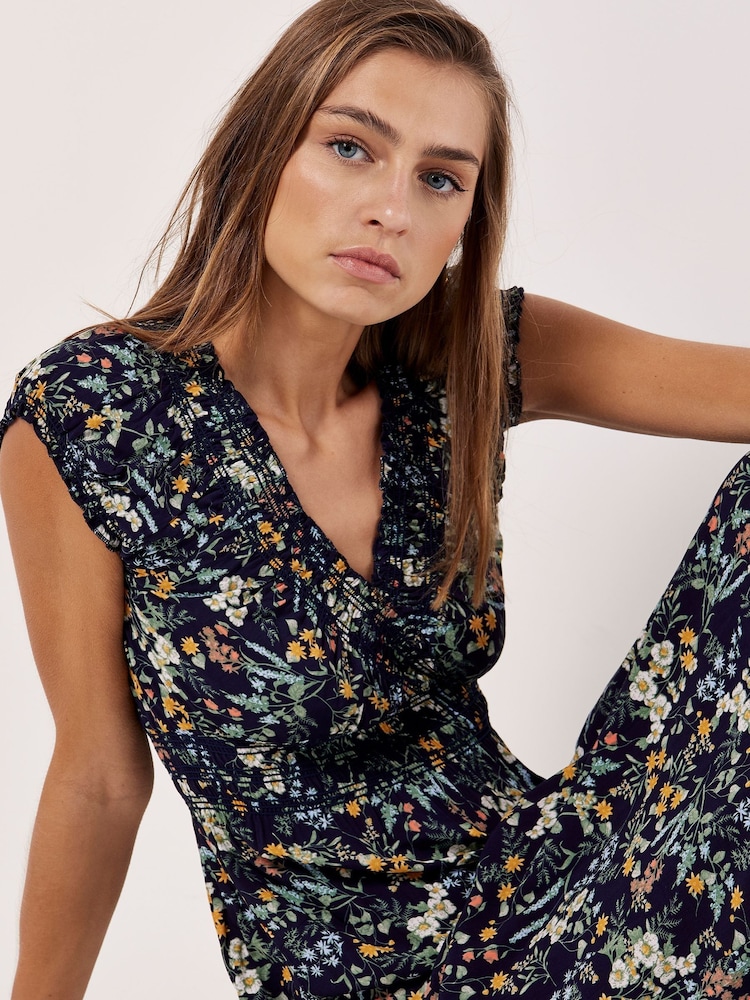Apricot Blue Ditsy Botanical Floral Maxi Dress - Image 4 of 4