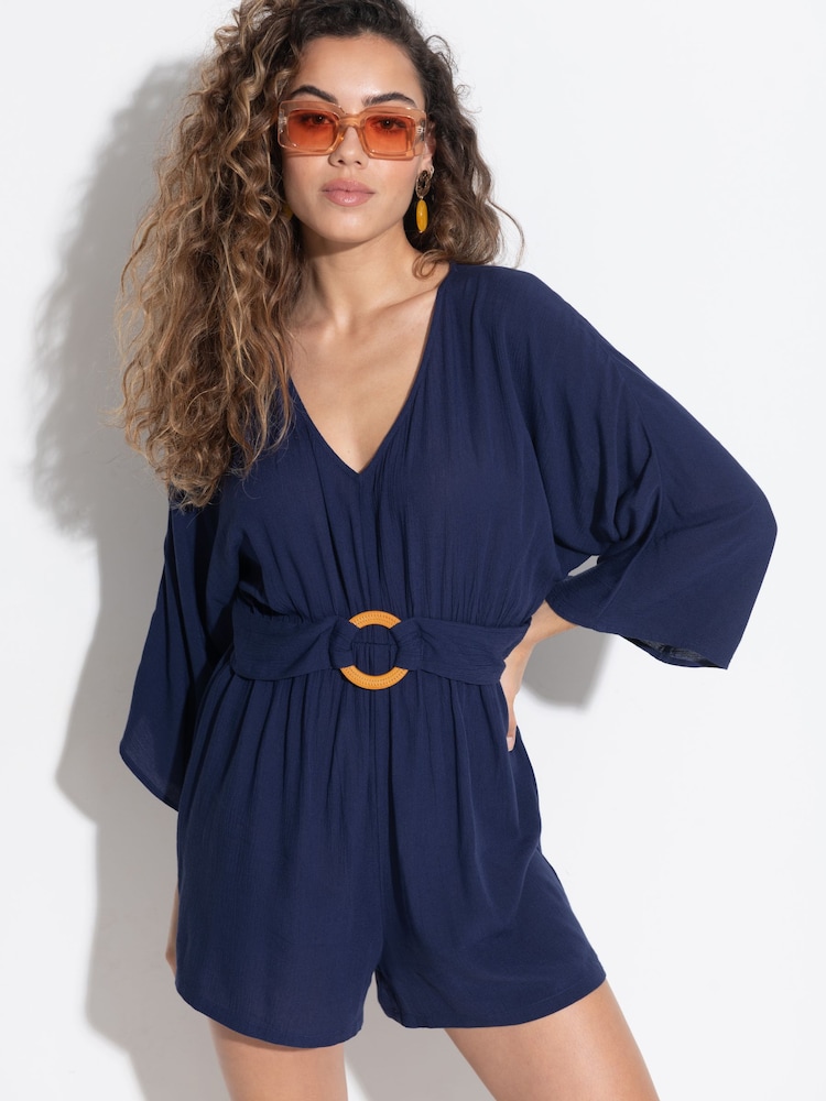 Pour Moi Blue Crinkle O Ring Beach Playsuit - Image 1 of 4