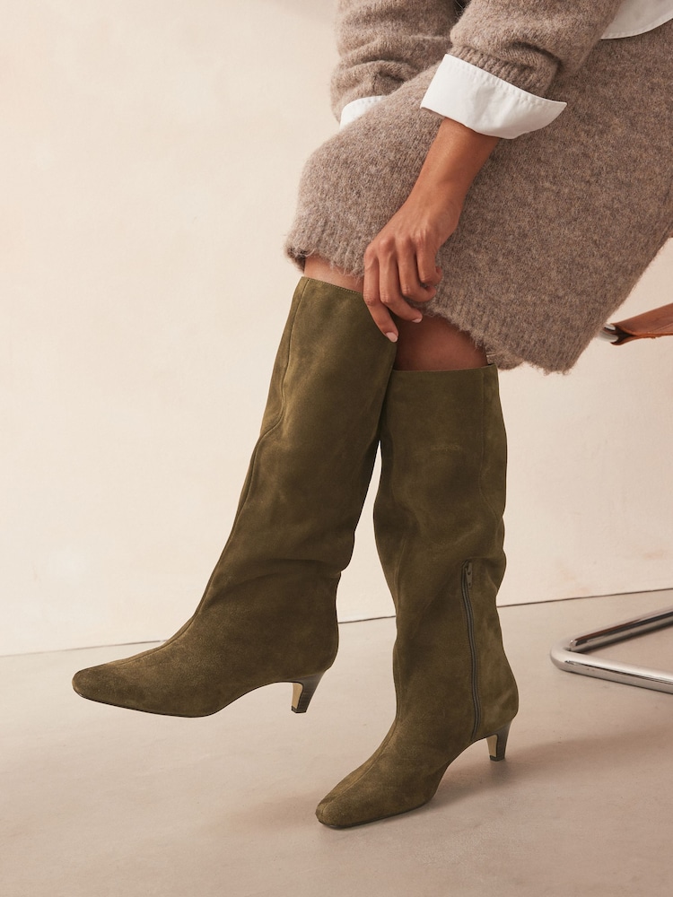 Khaki Green Suede Forever Comfort® Suede Knee High Heeled Boots - Image 1 of 7