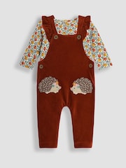 JoJo Maman Bébé Rust Orange Hedgehog Appliqué Velour Dungarees and Top Set - Image 1 of 6