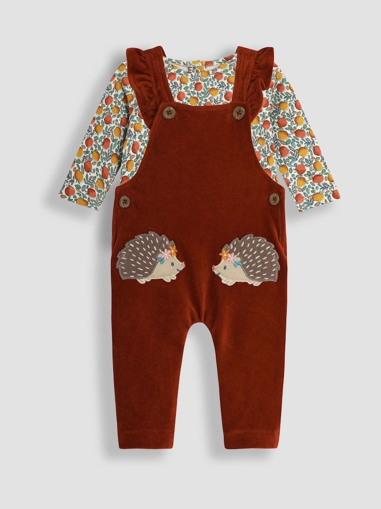 JoJo Maman Bébé Rust Orange Hedgehog Appliqué Velour Dungarees and Top Set - Image 1 of 6