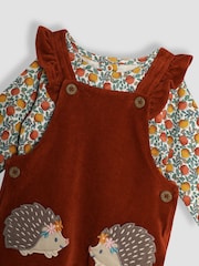 JoJo Maman Bébé Rust Orange Hedgehog Appliqué Velour Dungarees and Top Set - Image 6 of 6