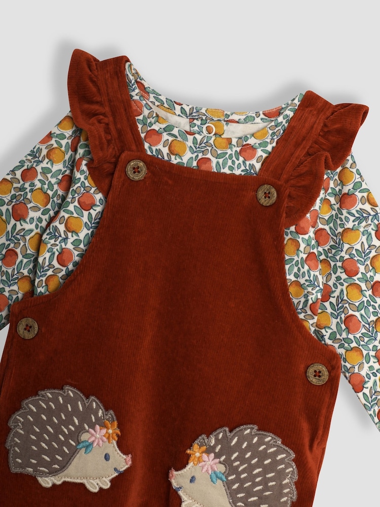 JoJo Maman Bébé Rust Orange Hedgehog Appliqué Velour Dungarees and Top Set - Image 6 of 6
