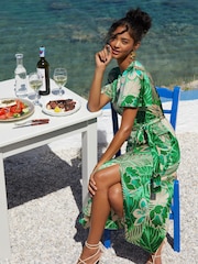Friends Like These Green Geo Petite Flutter Sleeve Printed Satin Midi Dress - Image 2 of 4