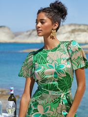 Friends Like These Green Geo Petite Flutter Sleeve Printed Satin Midi Dress - Image 4 of 4