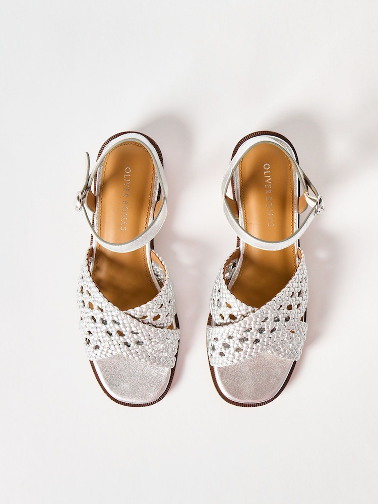 Oliver Bonas Silver Open Weave Leather Heeled Sandals - Image 6 of 7