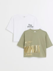River Island Green Girls 100% Cotton Crop T-Shirts 2 Pack - Image 1 of 3