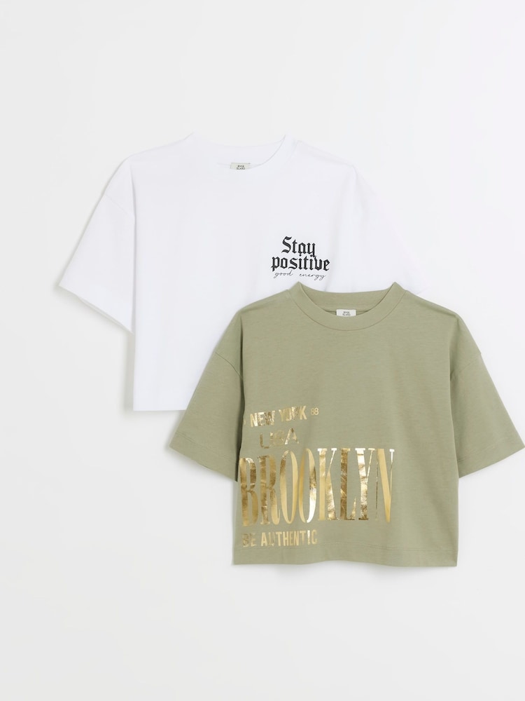 River Island Green Girls 100% Cotton Crop T-Shirts 2 Pack - Image 1 of 3