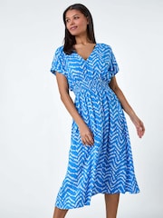 Roman Blue Abstract Floral Zig Zag Print Midi Dress - Image 1 of 5