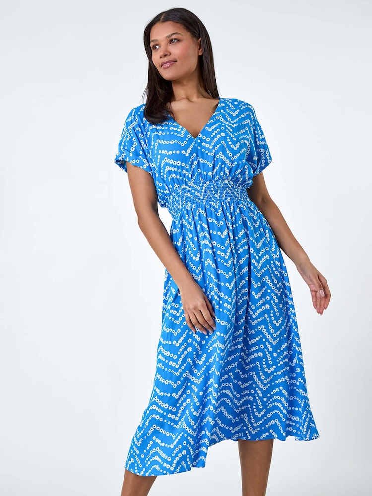 Roman Blue Abstract Floral Zig Zag Print Midi Dress - Image 1 of 5