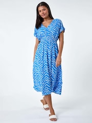 Roman Blue Abstract Floral Zig Zag Print Midi Dress - Image 2 of 5