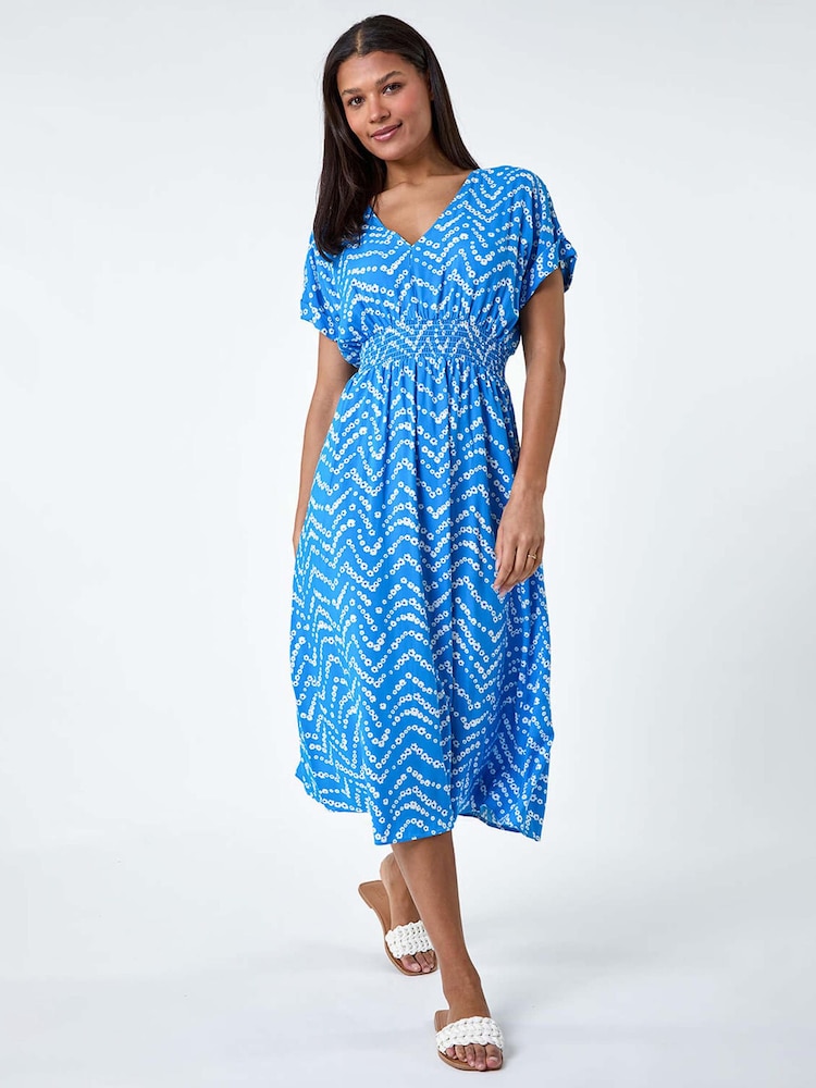 Roman Blue Abstract Floral Zig Zag Print Midi Dress - Image 2 of 5