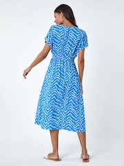 Roman Blue Abstract Floral Zig Zag Print Midi Dress - Image 3 of 5
