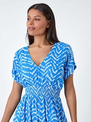Roman Blue Abstract Floral Zig Zag Print Midi Dress - Image 4 of 5
