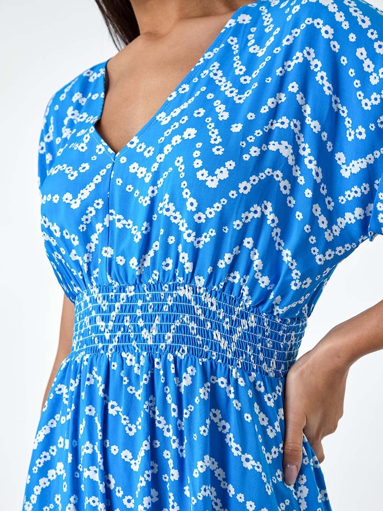 Roman Blue Abstract Floral Zig Zag Print Midi Dress - Image 5 of 5