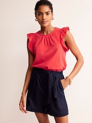 Boden Red Pom Trim Ruffle Sleeve Top - Image 1 of 4